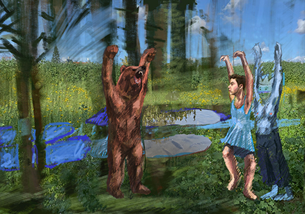 פוגש דוב עם החבר הכי טוב two best friends and a big brown bear טכניקה :רישום וקולאז׳ דיגיטלי גודל לא רלוונטי, משתנה